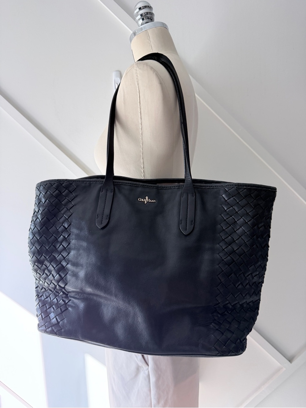 Cole Haan Black Leather Woven Large Tote Shoulder Bag